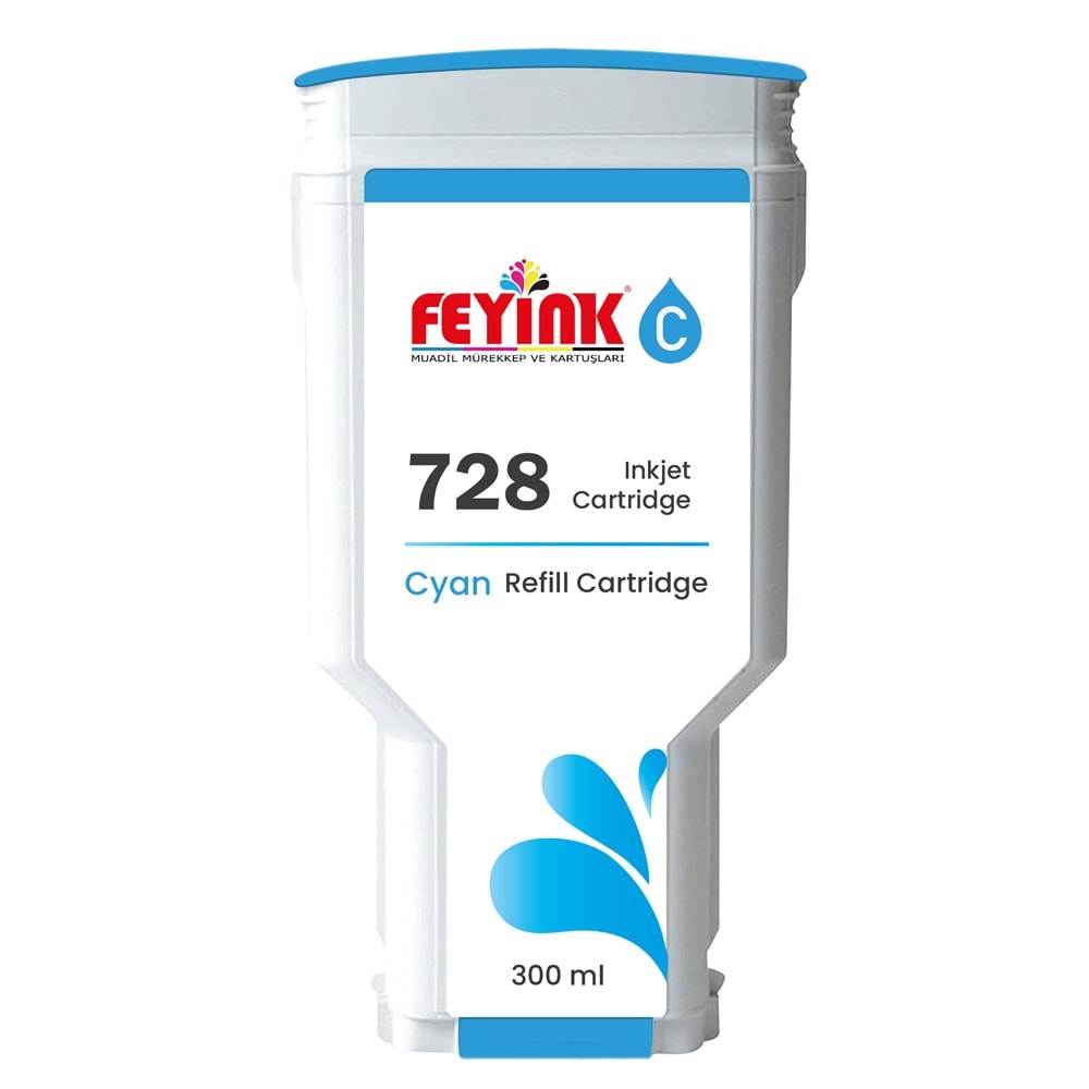 Feyink® HP 728 Cyan 300 ml. Mavi Orijinal Mürekkep Dolumlu Feyink Kartuş