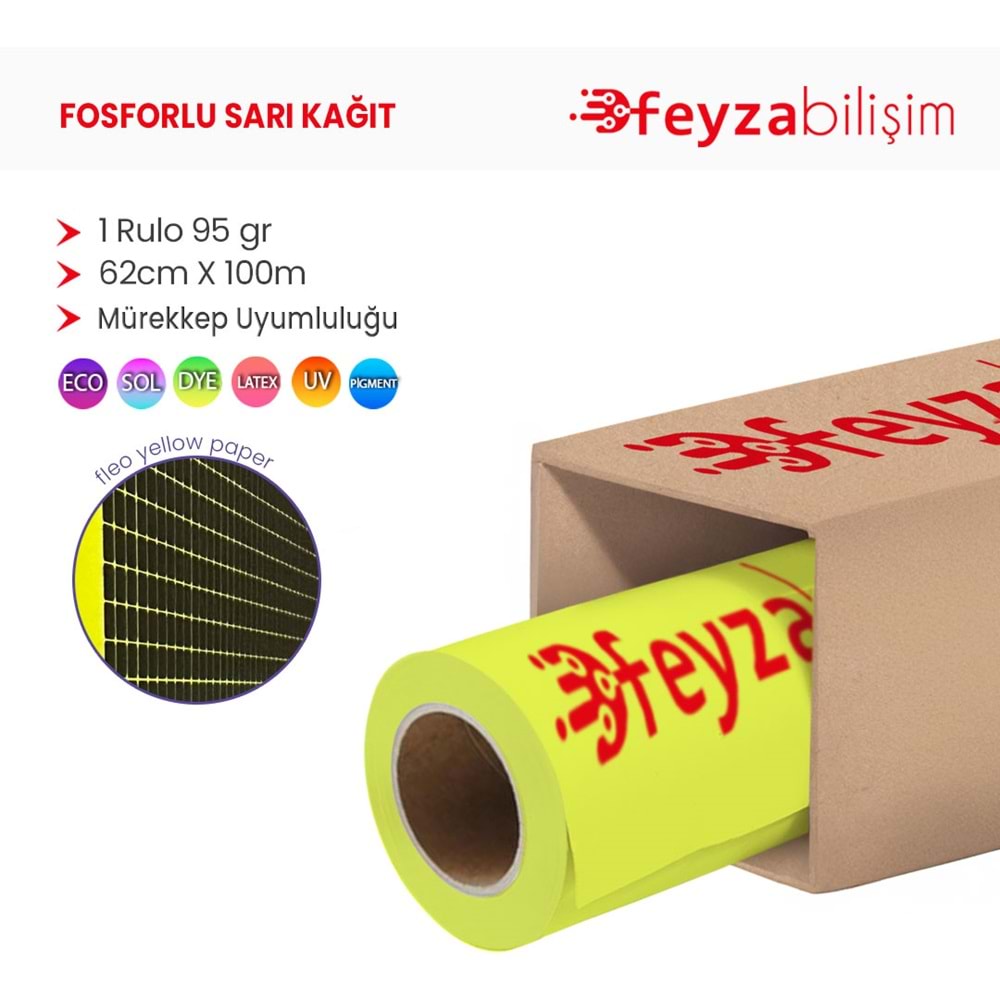 PlotterSarf® Flo Fosforlu Sarı (Floresan) Kağıt Rulo 95 gr 62 cm x 100 mt (1 Rulo)