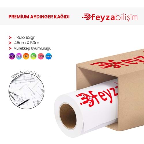 PlotterSarf® Plotter Aydınger (Çizim) Kağıdı 92gr Rulo 45cm x 50mt (1 Rulo)