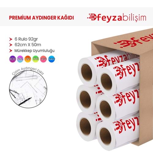 PlotterSarf® Plotter Aydınger (Çizim) Kağıdı 92gr Rulo 62cm x 50mt (6 Rulo)