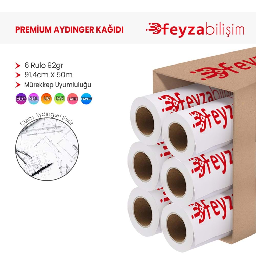 PlotterSarf® Plotter Aydınger (Çizim) Kağıdı 92gr Rulo 91.4cm x 50mt (6 Rulo)