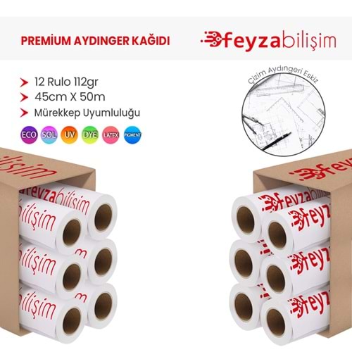 PlotterSarf® Plotter Aydınger (Çizim) Kağıdı 112gr Rulo 45cm x 50mt (12 Rulo)