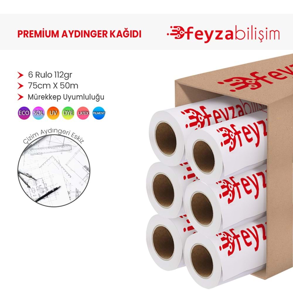 PlotterSarf® Plotter Aydınger (Çizim) Kağıdı 112gr Rulo 75cm x 50mt (6 Rulo)